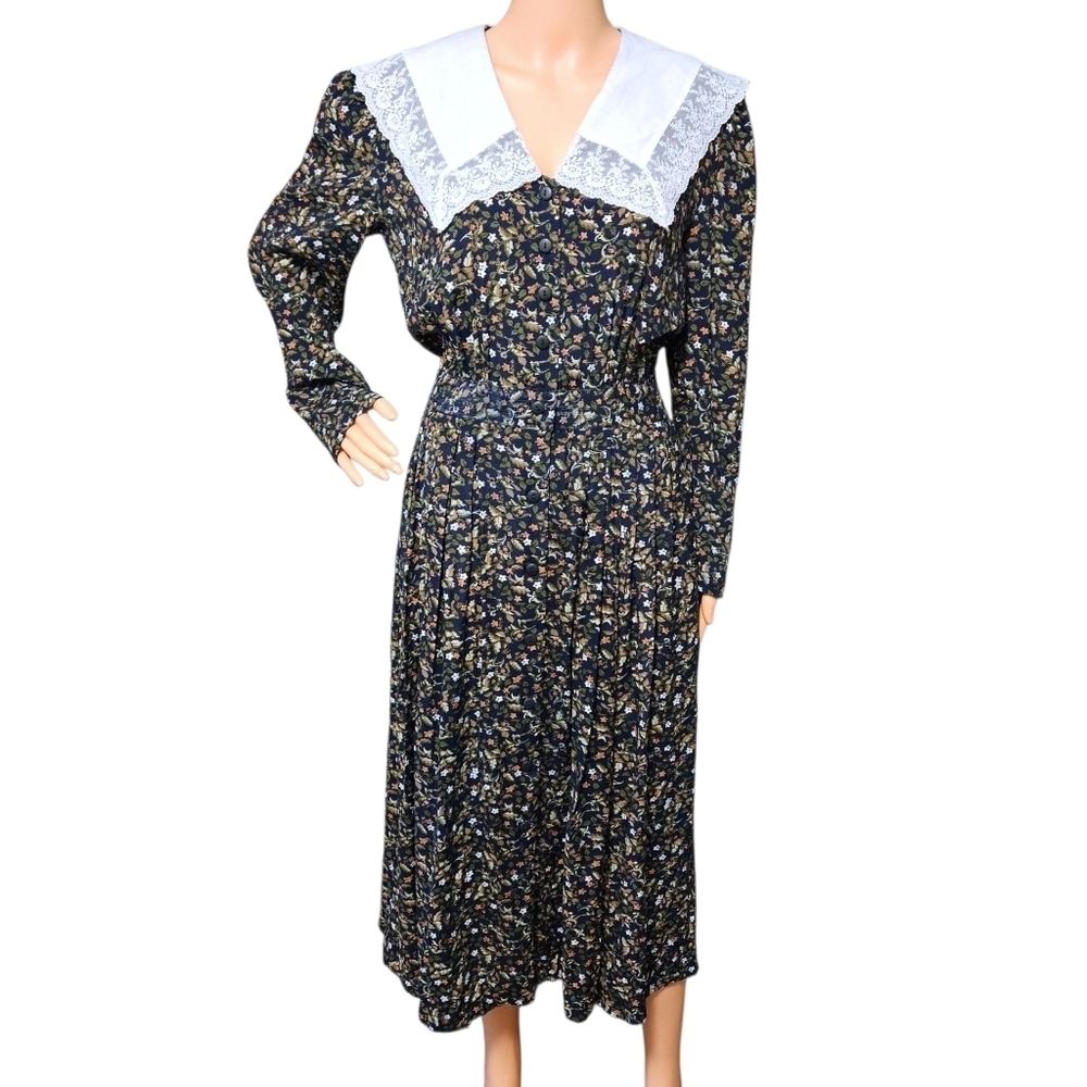 VTG 80s Karin Stevens Floral Midi Dress 8 Lace Collar Pocket Prairie Cottagecore